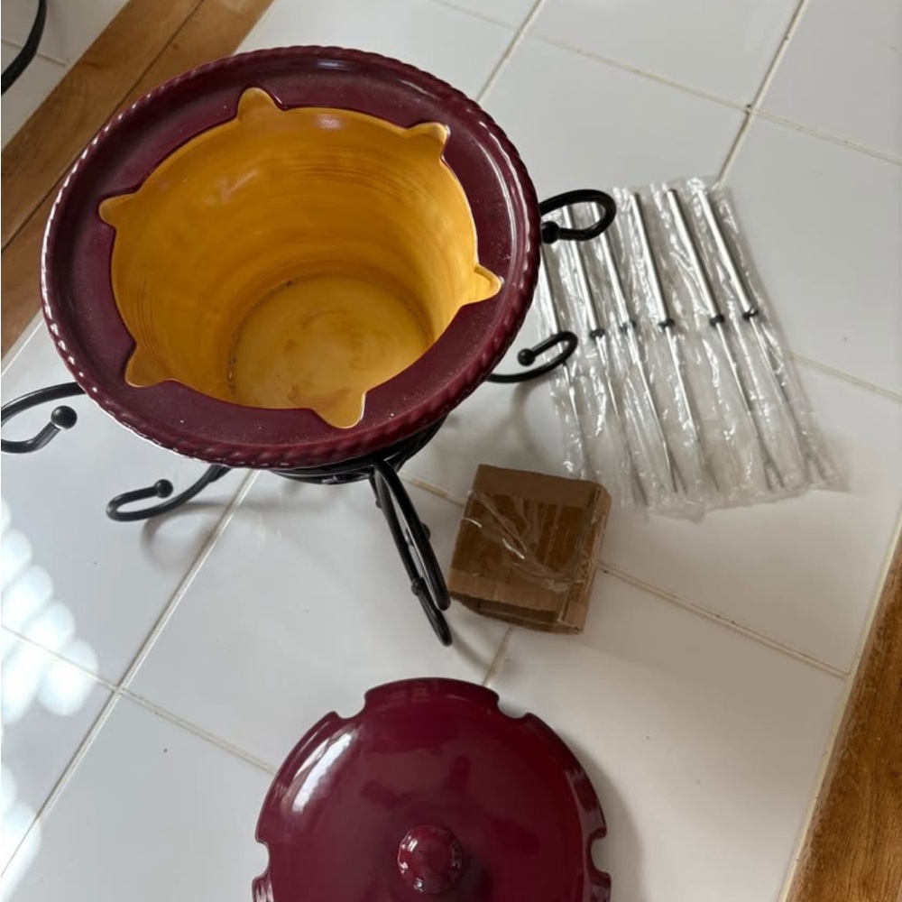 Burgundy and Yellow Fondue Set